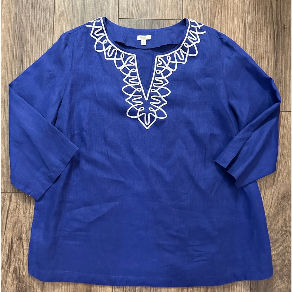 Talbots Royal Blue embroidered 100% linen blouse top size 2X XXL